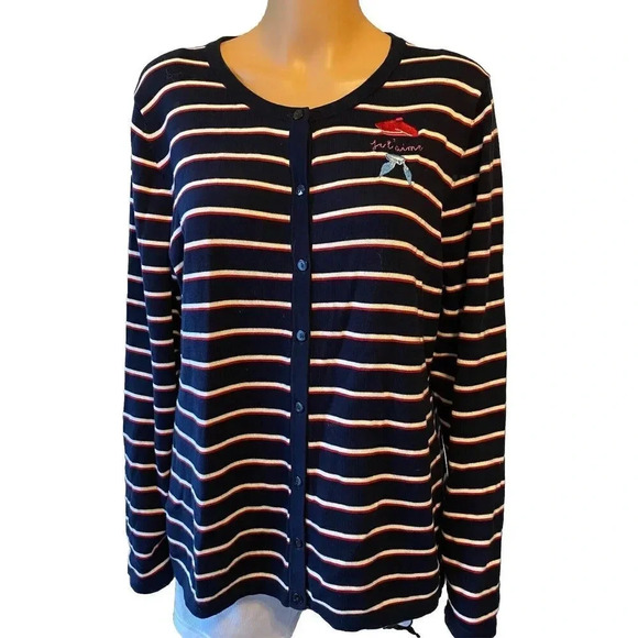 Talbots Je T’aime Women’s XLp Cotton Cardigan Sweater Blue Red White Stripes - Picture 1 of 6